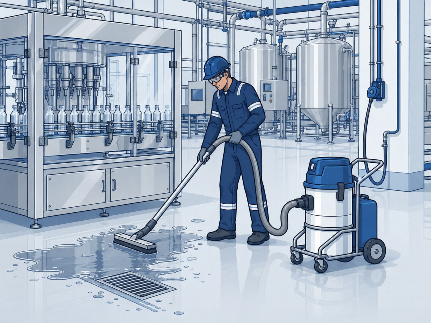 Industrial wet recovery vacuum responding to liquid food spills