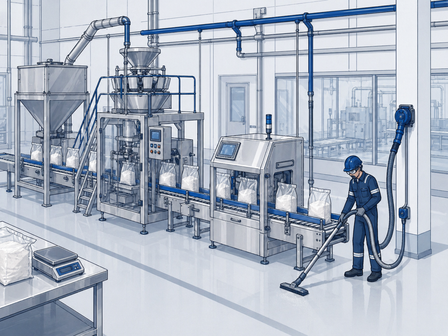 Food packaging line with vacuum cleanup point near bagging and sealing equipment