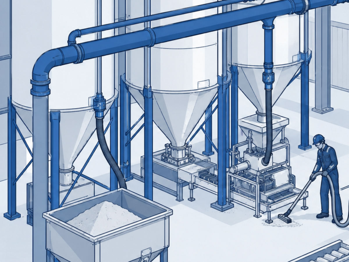 Silos, conveyors, and an active vacuum pickup point at a transfer area