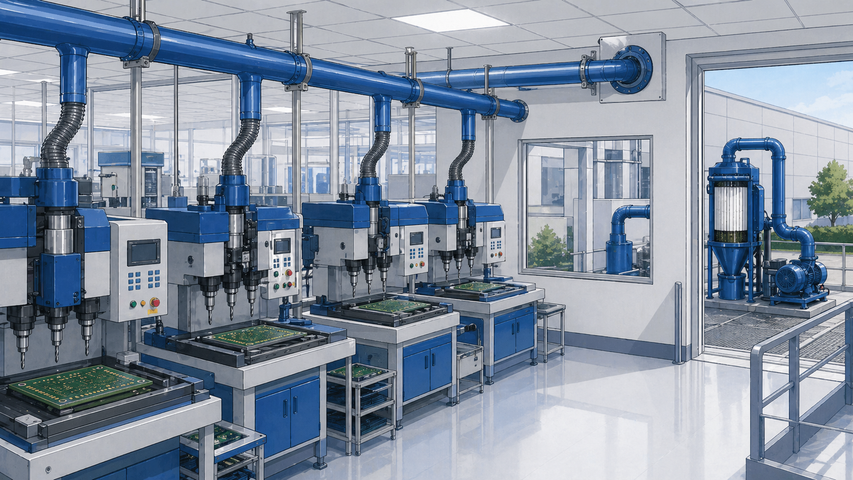 Central vacuum system serving PCB drilling and routing stations