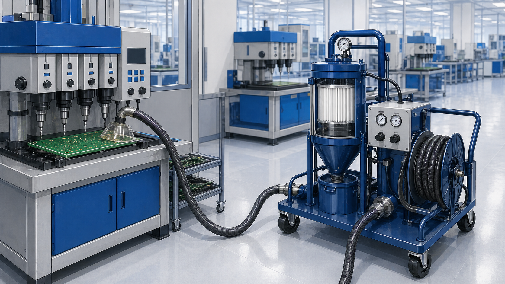 On-site demo vacuum system connected to a PCB production bench