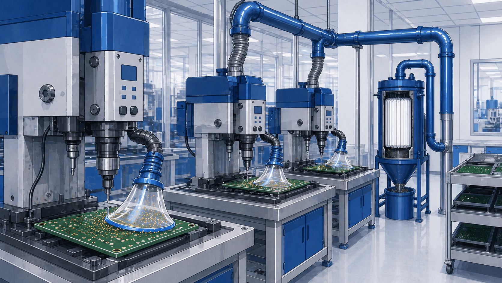 Point-source dust collection for PCB drill and router stations