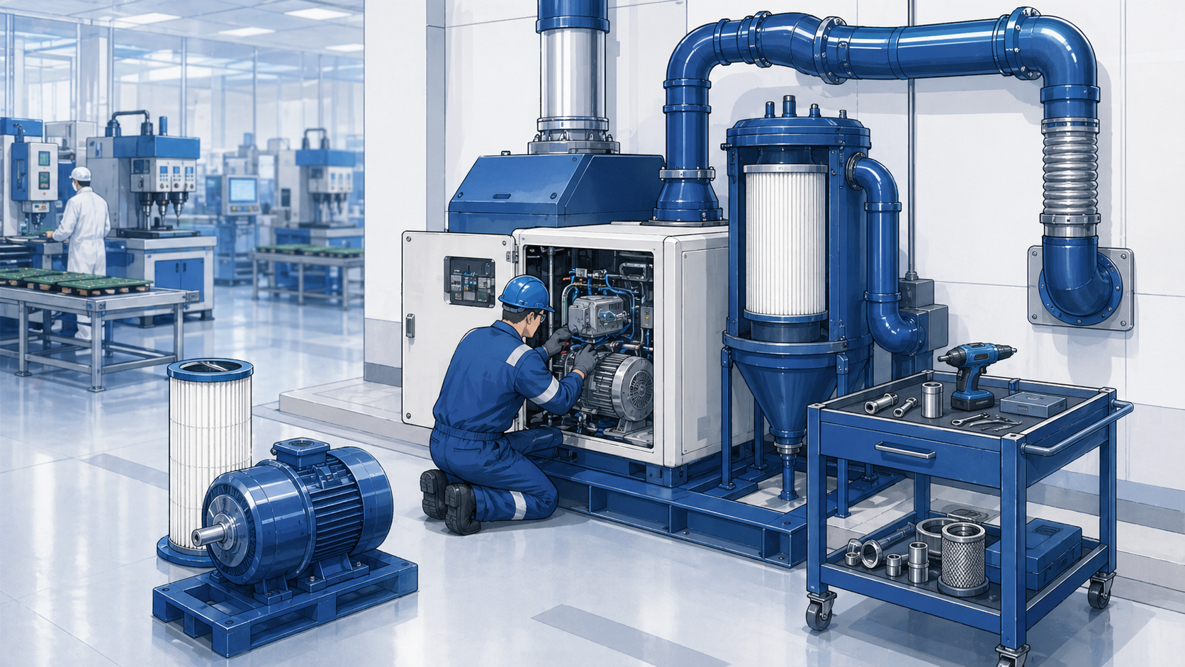 Existing central vacuum system service and retrofit in an electronics facility
