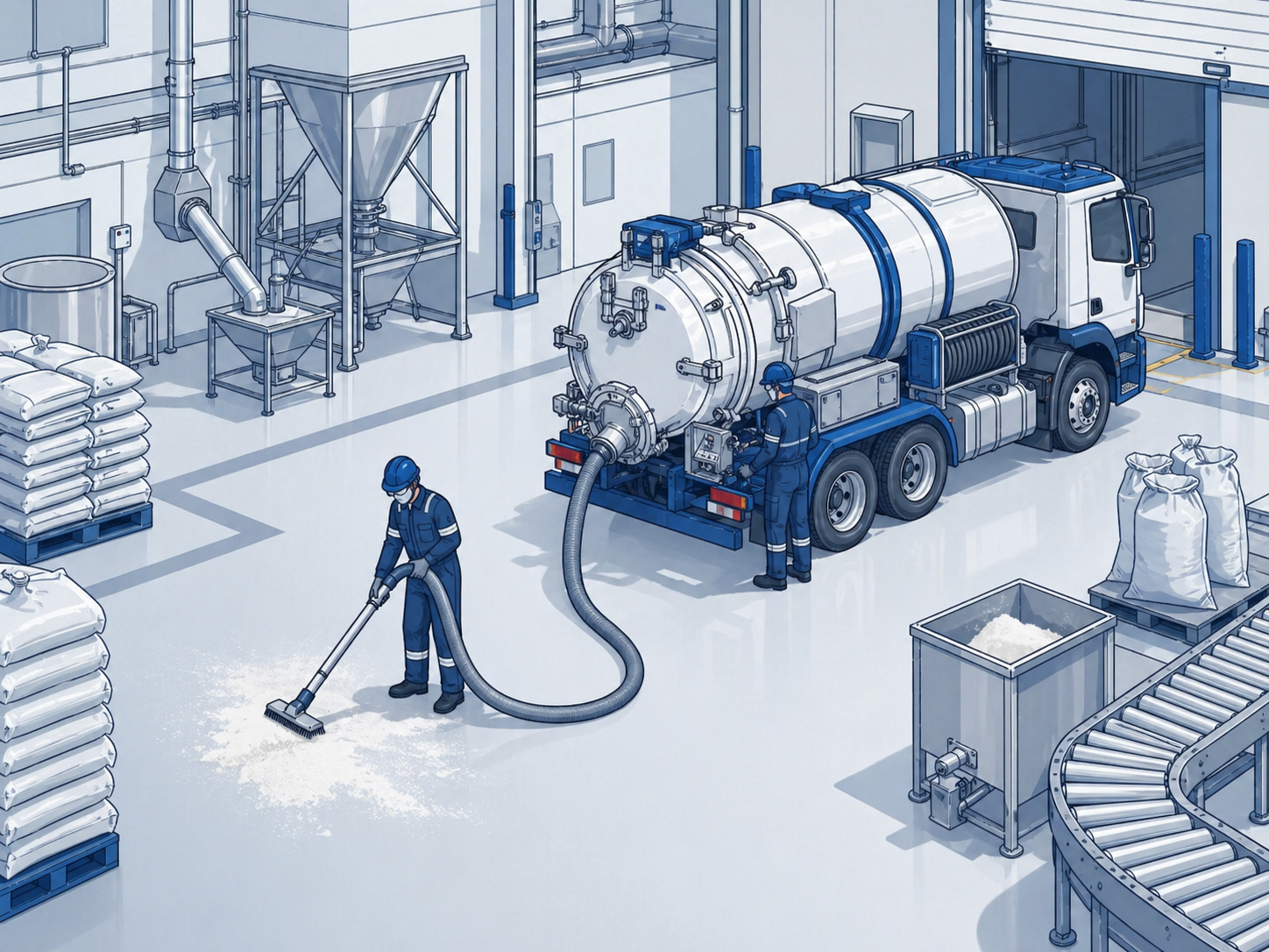 Vac truck recovering food-grade dry ingredient spills