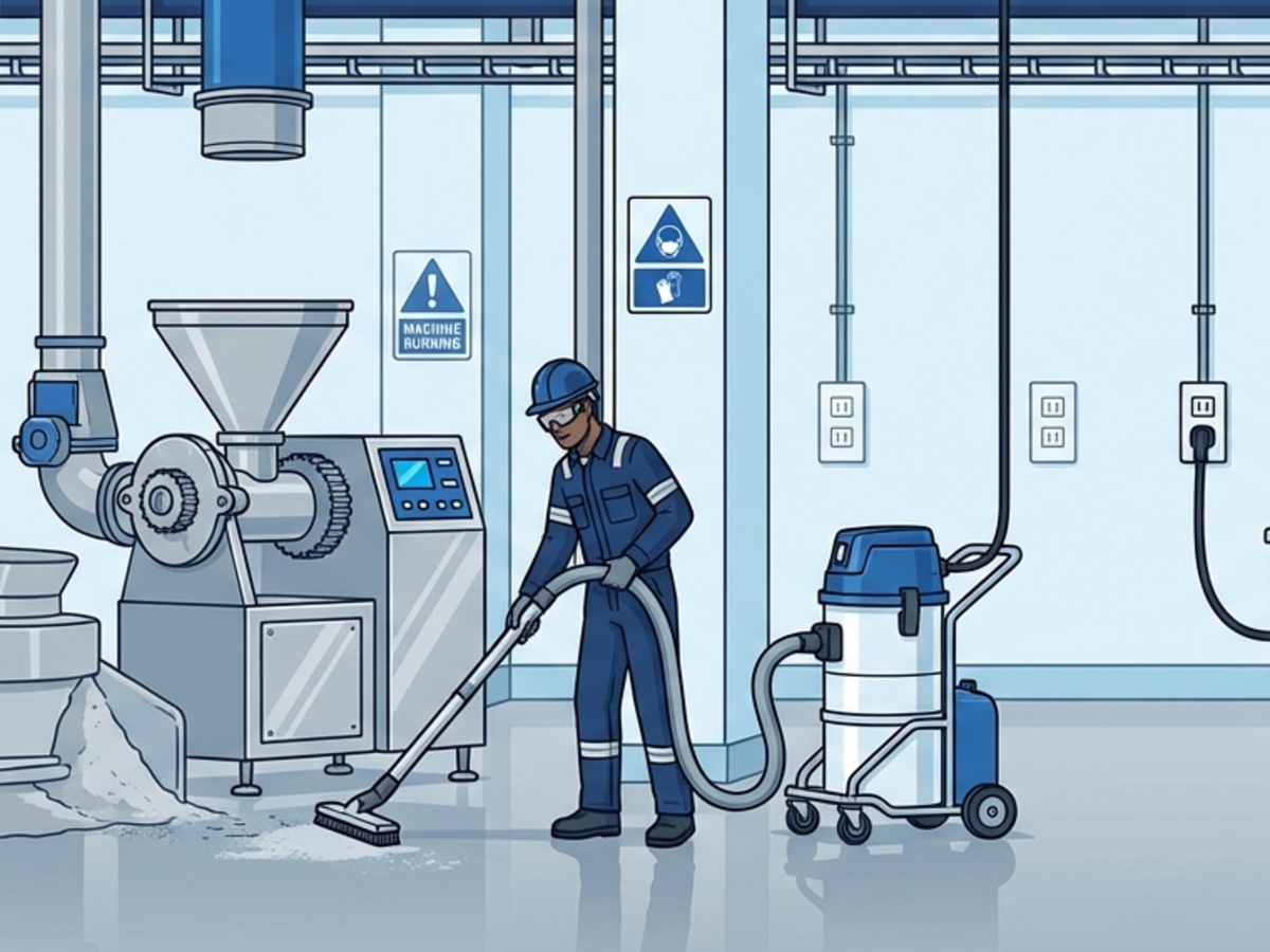 Food-grade mixing and batching cleanup with portable vacuum recovery