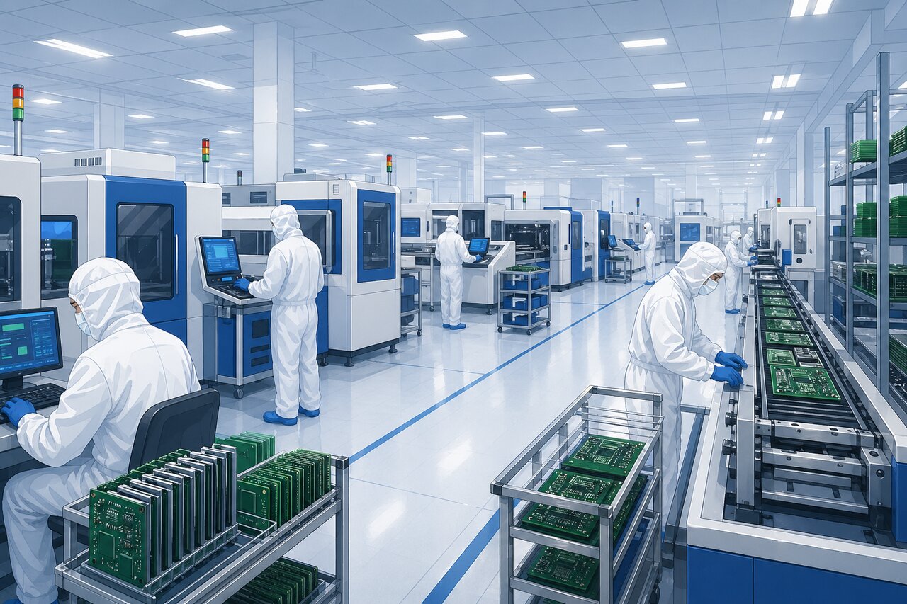 PCB fabrication facility interior showing industrial vacuum system installation