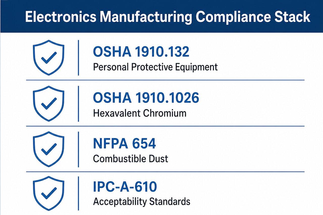 Compliance standards stack for electronics manufacturing: OSHA, IPC, NFPA