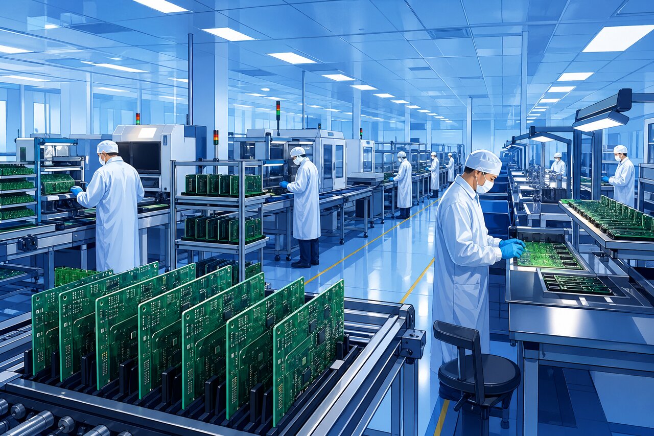 PCB assembly clean room with workers in anti-static gowns and circuit board conveyors
