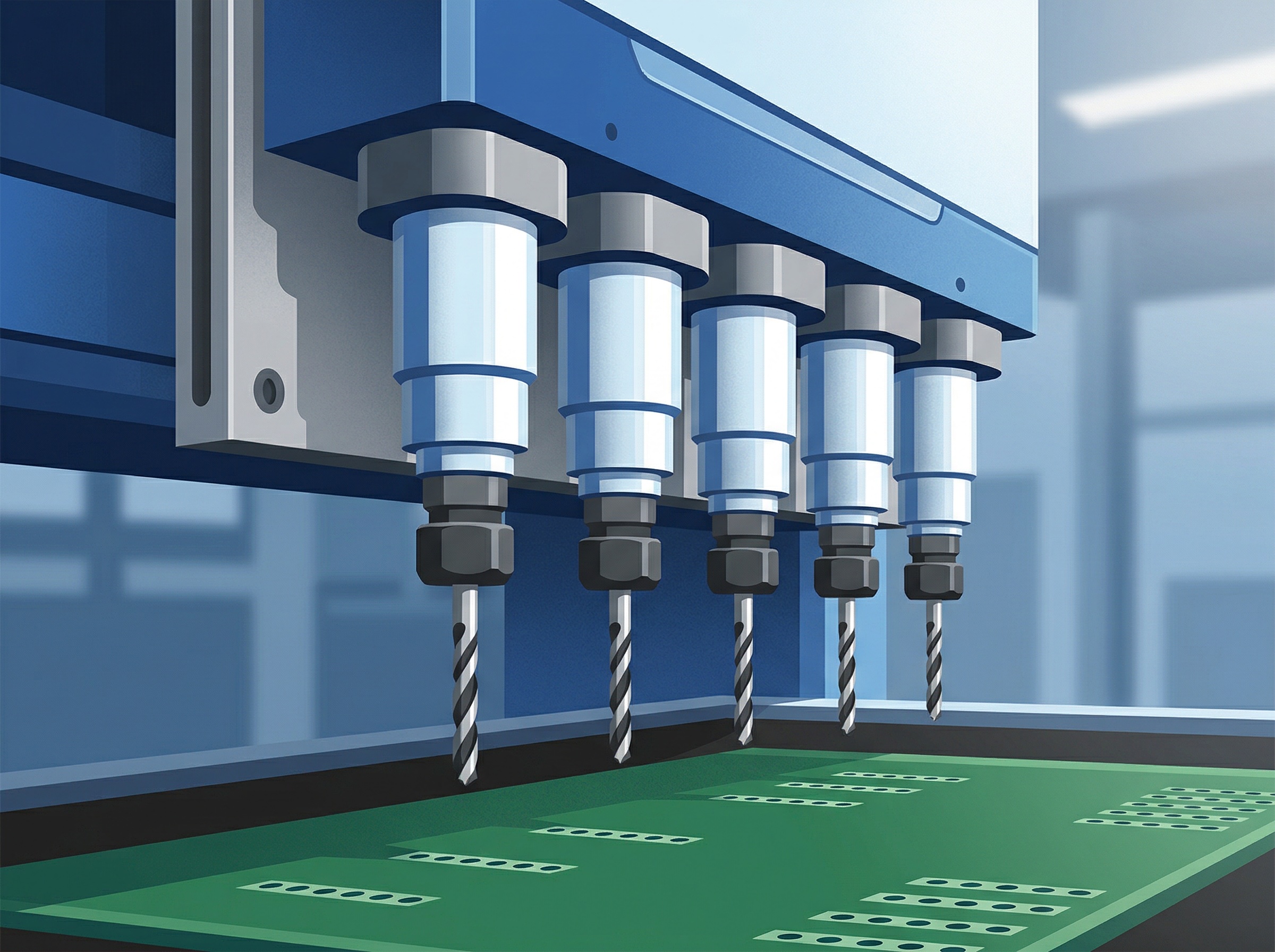 Close-up of PCB drill heads with vacuum dust capture