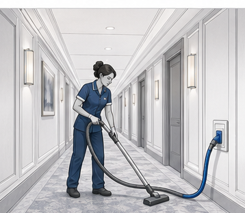 Building-scale vacuum systems for hotels and multi-unit properties.
