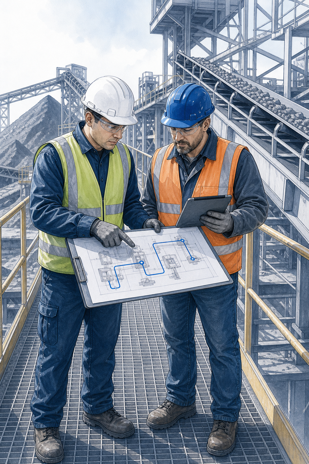 Mining engineer and maintenance supervisor reviewing cleanup route planning in a heavy industrial processing area.