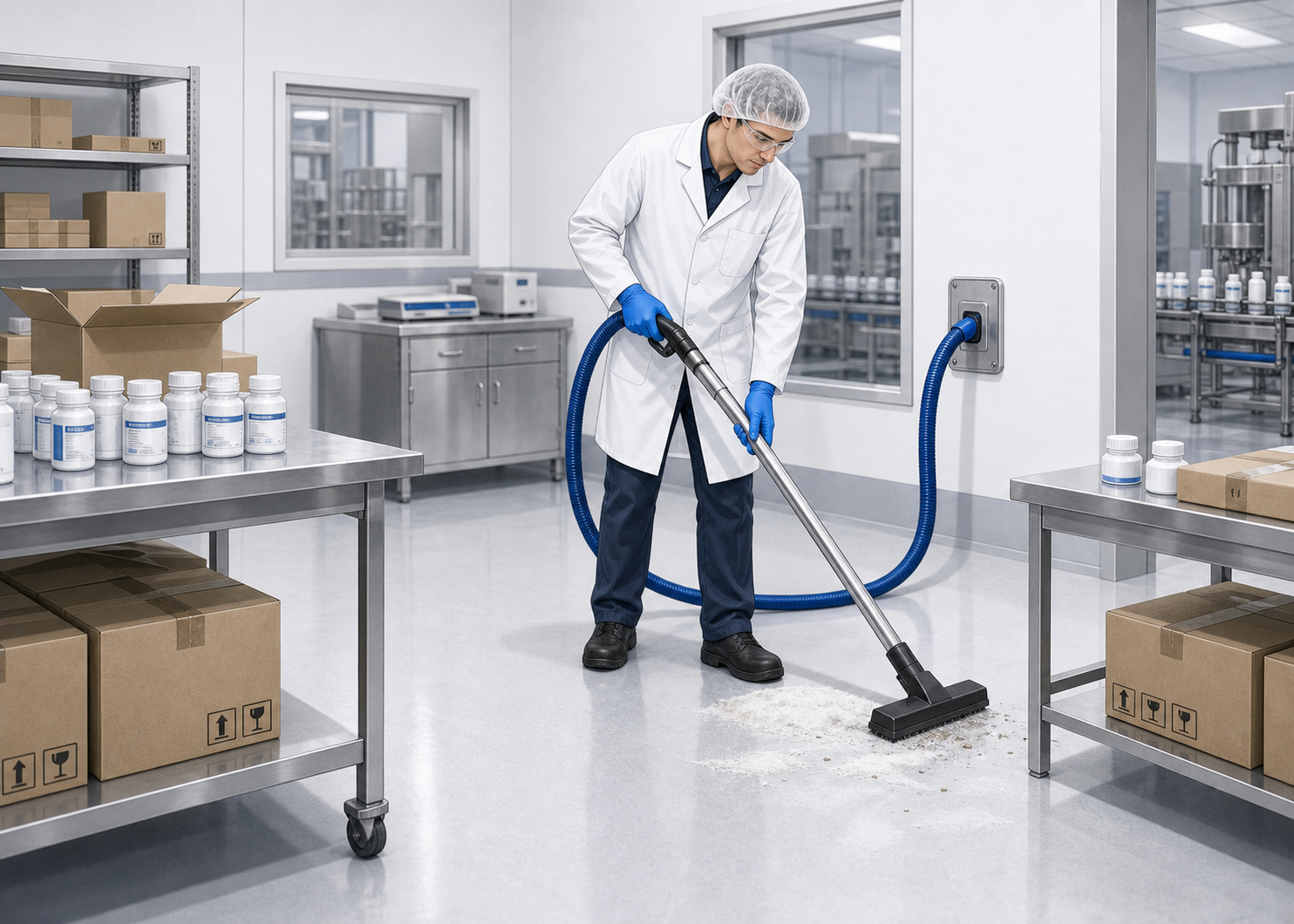 Support-area packaging cleanup using a central vacuum wall inlet and floor wand