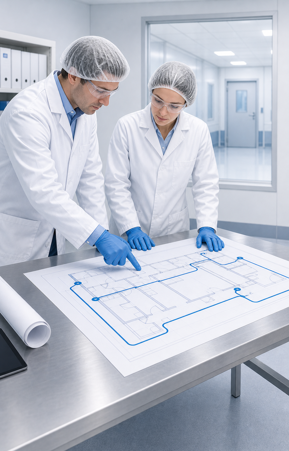 Engineers reviewing cleanroom cleanup routes and service access on a facility plan.