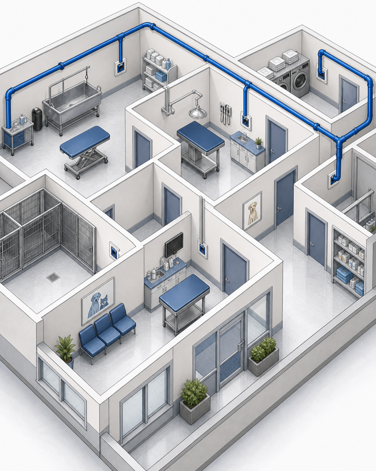 Illustrated veterinary clinic floor plan with central vacuum routing.