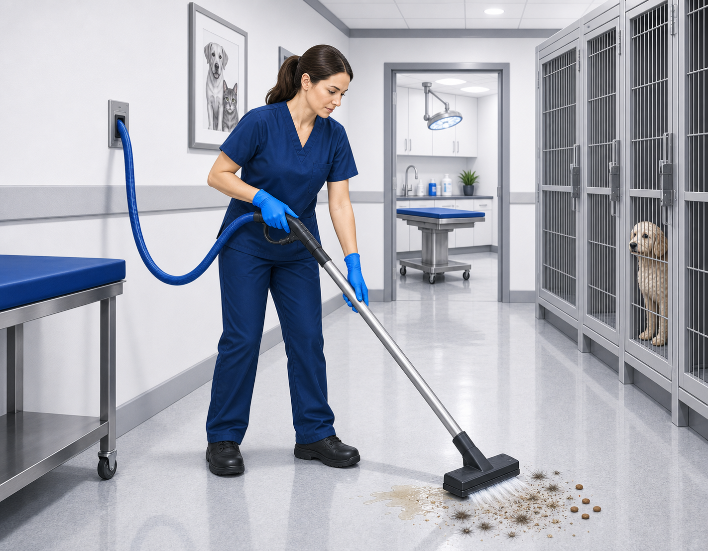 Veterinary technician using an installed central vacuum hose and spray-vac floor tool to clean a pet accident.