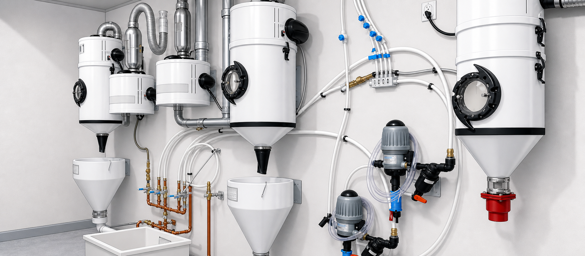 Illustrated installed veterinary central vacuum collection and filtration equipment in a service room.