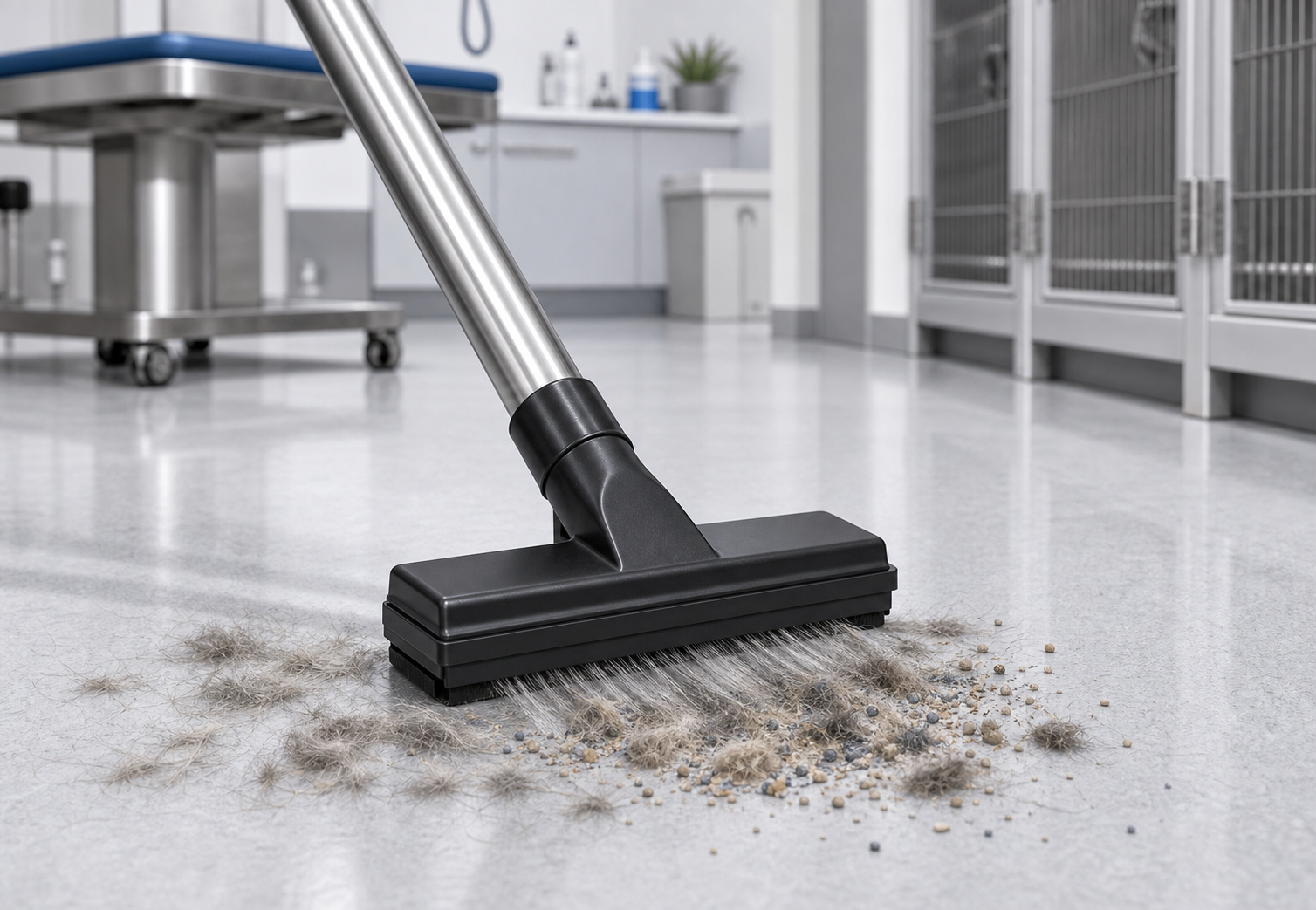 Vacuum floor nozzle collecting fur and litter on a veterinary clinic floor.