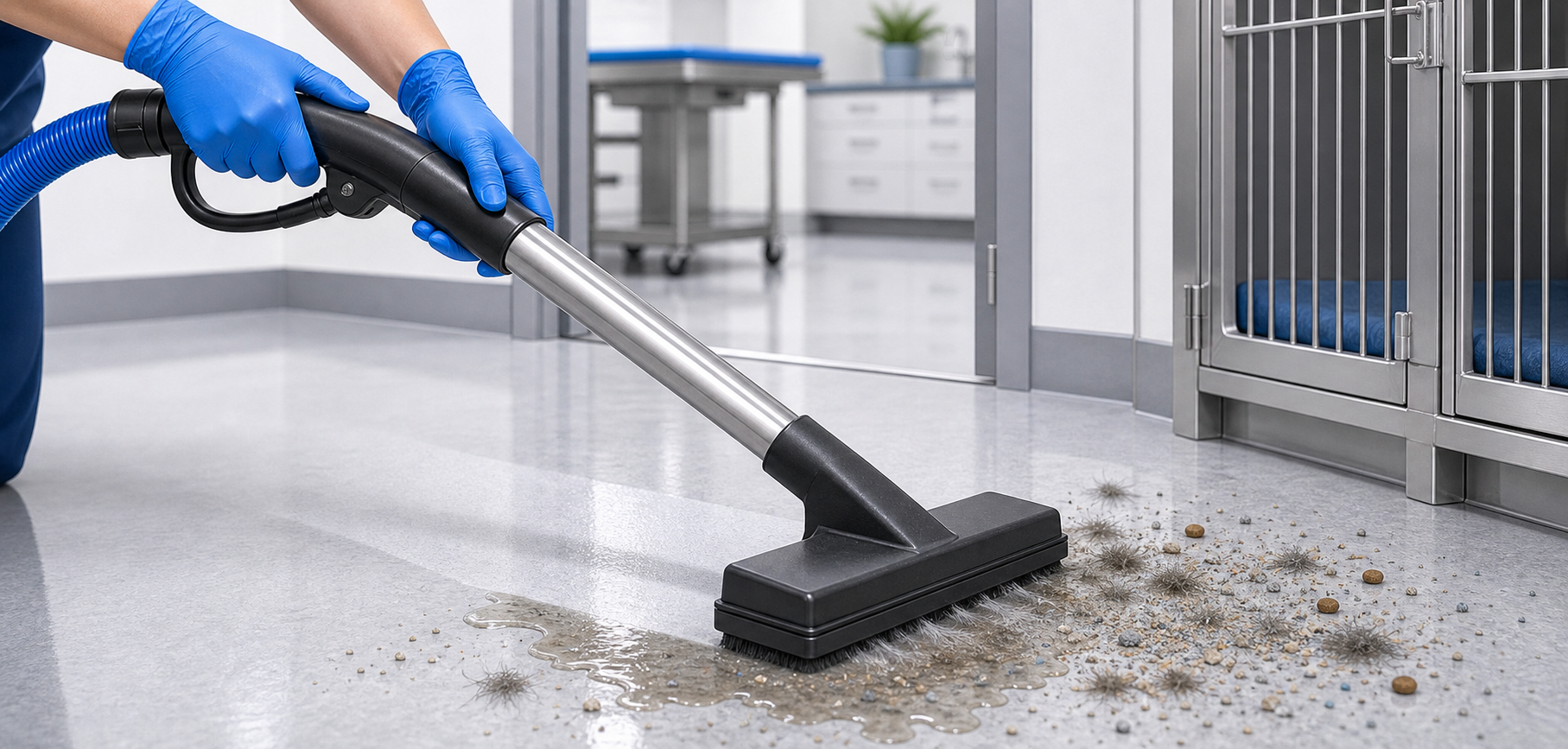 Close-up of a veterinary staff member using a central vacuum floor tool to clean a kennel spill quickly.