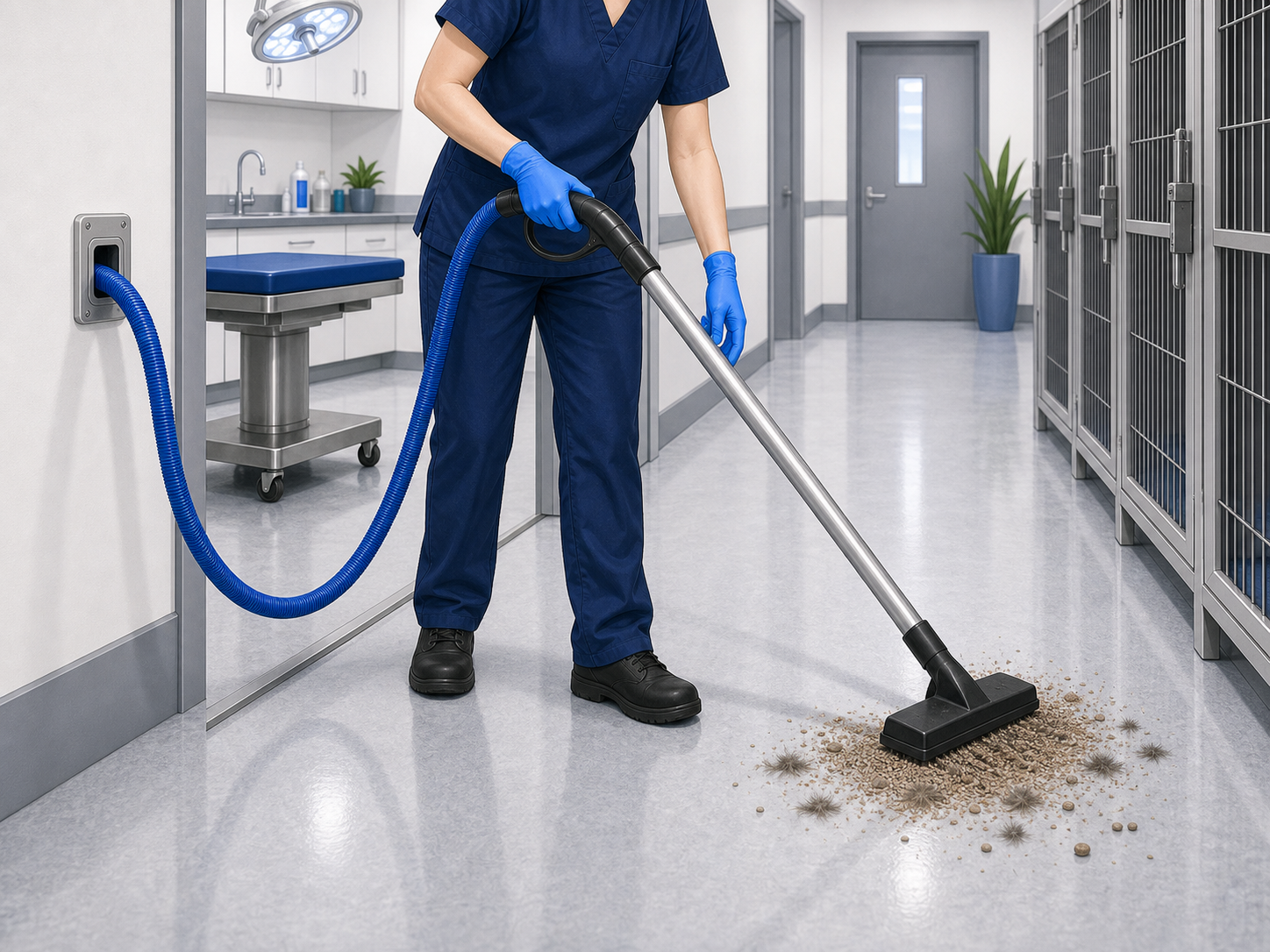 Veterinary staff using a wall inlet and central vacuum hose near treatment and kennel zones.