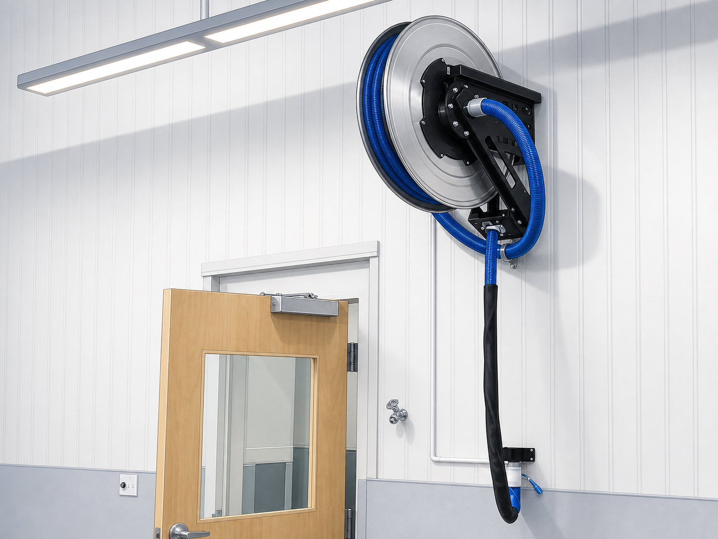 Illustrated overhead hose reel and wall routing in a veterinary facility.