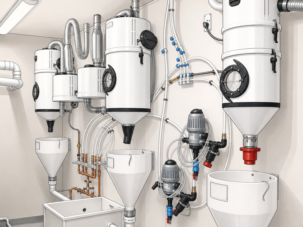 Illustrated veterinary central vacuum equipment room.