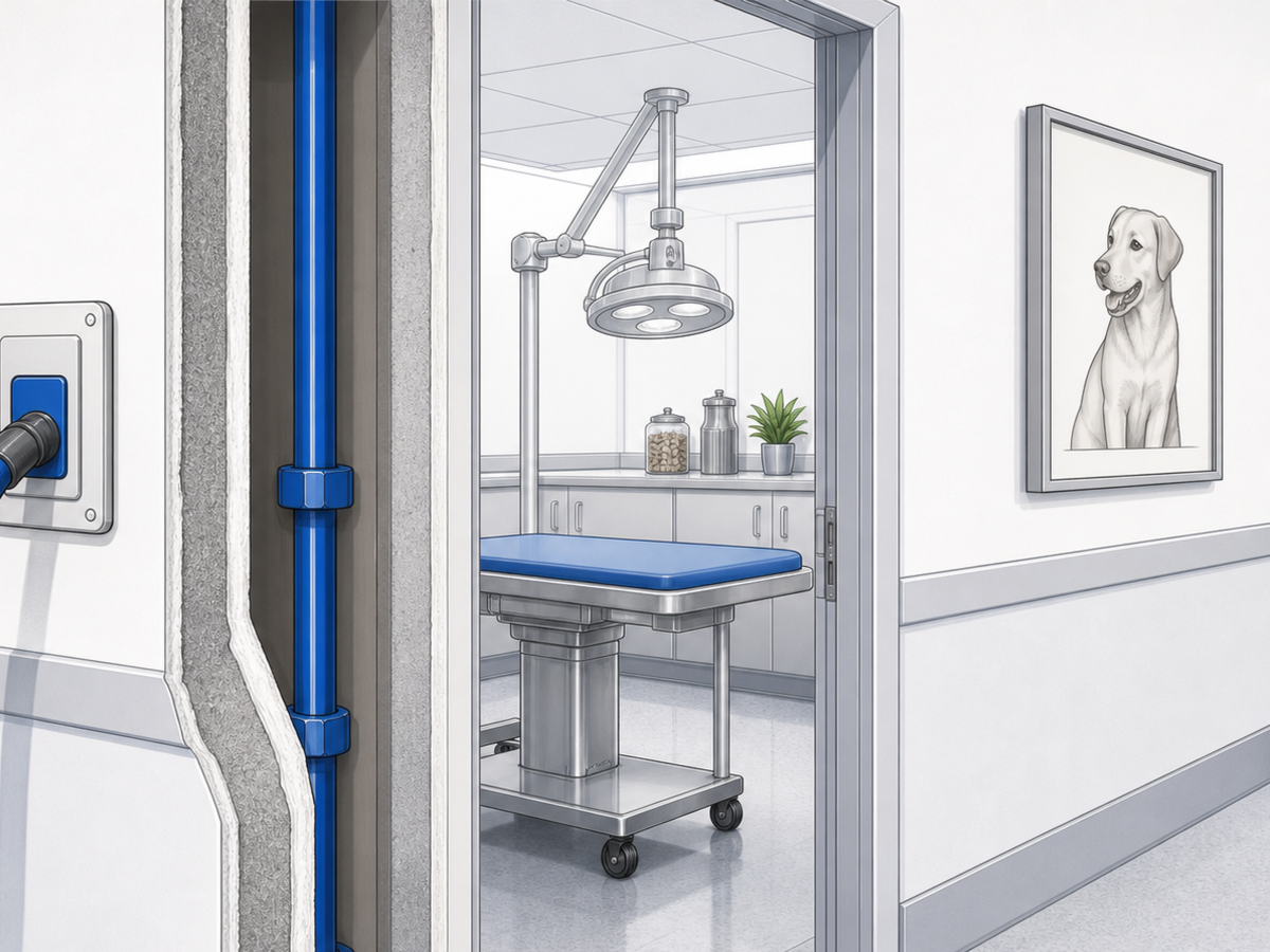 Illustrated retrofit wall chase with vacuum piping in a veterinary clinic.